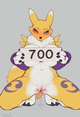 anthro biped blush bodily_fluids breast_squish breasts female genital_fluids genitals holding_object holding_sign humanoid_genitalia humanoid_pussy kneeling narrowed_eyes navel pussy pussy_juice pussy_juice_on_leg pussy_juice_puddle pussy_juice_string sign simple_background smile solo spread_legs spreading squish sweat sweaty_breasts zamiai bandai_namco digimon canid canine digimon_(species) mammal renamon absurd_res hi_res