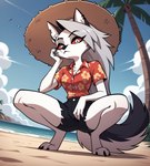 aloha_shirt anthro beach bottomwear clothing cloud crouching female hat head_on_hand headgear headwear low-angle_view palm_tree pattern_clothing pattern_shirt pattern_topwear plant red_sclera sand sea seaside shirt shorts sky solo straw_hat topwear tree water rulethony34tano_(director) helluva_boss loona_(helluva_boss) hi_res