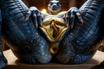 anthro big_breasts blue_body blue_scales breasts female genitals golden_anus golden_pussy presenting presenting_pussy pussy scales solo spread_pussy spreading niru crocodilian humanoid reptile scalie hi_res