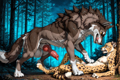 animal_genitalia animal_penis anthro anthro_on_feral balls bestiality big_balls black_nose black_spots brown_body brown_fur canine_genitalia canine_penis dominant dominant_feral duo erection fangs feral forest forest_background fur genitals interspecies knot licking licking_lips looking_at_another looking_at_partner lying male male/male male_on_anthro male_on_feral nature nature_background night nipples nude orange_eyes penis penis_tip plant quadruped sheath size_difference spots teeth tongue tongue_out tree xaninho canid canine canis cheetah felid feline mammal wolf hi_res