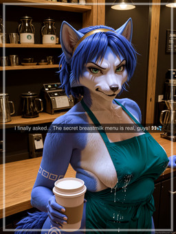 angry annoyed anthro apron apron_only barista bdsm beverage blue_body blue_fur blue_hair bodily_fluids body_hair bondage bound breast_milking breasts cafe caption chest_tuft clothed clothing coffee coffee_cup coffee_shop colored_nails container cup curvaceous curvy_figure dripping erect_nipples fat_rolls female fur green_eyes hair inside lactating lactating_through_clothing light looking_at_viewer markings milk mostly_nude nails nipple_outline nipples nude photorealism sagging_breasts slightly_chubby solo starbucks tail text text_box topless topless_female tuft voluptuous wet wet_clothing white_nails sherlock_hound_(director) nintendo star_fox krystal_(star_fox) canid canine fox mammal 2025 absurd_res detailed director_name english_text hi_res meme shaded soft_shading