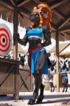accessory anthro black_body black_fur blue_top clothed clothing crowd female flower flower_in_hair fur group hair hair_accessory horn market muscular muscular_female orange_hair plant brita_eng bovid caprine goat mammal