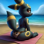 after_transformation animate_inanimate anthro bikini black_body black_fur clothing clothing_transformation duo eevee eeveelution female fur generation_1_pokemon generation_2_pokemon looking_back mammal pokemon_(species) raised_tail rear_view rooai sitting swimwear transformation umbreon