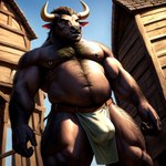 absurd_res anthro belly body_hair bottomwear bovid bovine chest_hair clothing hi_res horn loincloth male mammal minotaur nipple_piercing nipples pecs piercing pup_tobey seductive solo