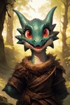 ambiguous_gender anthro big_eyes blue_body blue_scales clothed clothing countershading forest forest_background hands_behind_back horn nature nature_background nostrills plant red_eyes scales smile solo teeth tree white_body white_countershading damion_moore kobold scalie hi_res