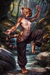 4_fingers abs anthro areola baggy_pants breasts clothed clothing feet female fingers looking_at_viewer navel nipples on_one_leg pawpads pose rock small_breasts solo solo_focus standing tiptoes toes topless water tamrad master_tigress felid mammal pantherine tiger absurd_res hi_res