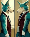 absurd_res anthro blue_body blue_fur blush canid canine canis clothing fur green_body green_fur hi_res legoshi_(beastars) male mammal multiple_angles necktie oil_painting_(artwork) painting_(artwork) seductive shirt_collar shirt_cuffs sleeveless solo tan_body tan_fur tkyoprko topwear traditional_media_(artwork) vest wolf