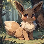 absurd_res canid canine day detailed_background dipstick_tail eevee eeveelution feral fluffy forest generation_1_pokemon hi_res light mammal markings mengxi neck_tuft plant pokemon_(species) prompt_metainfo quadruped solo sunlight tail_markings tan_body tree tuft