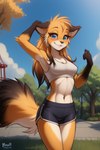 anthro black_ears black_nose blue_eyes blush bottomwear breasts canid canine clothed clothing cloud crossgender female fox fur gloves_(marking) hair hand_behind_head keidran lamp lantern long_hair looking_at_viewer mammal markings mike_(twokinds) mtf_crossgender narrowed_eyes navel orange_body orange_fur outdoors outside park rule63 shirt shorts skimpy smile smiling_at_viewer solo standing topwear twokinds white_body