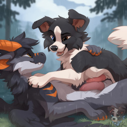 4_toes animal_genitalia animal_penis balls black_body black_fur bodily_fluids canine_genitalia canine_penis cheek_tuft claws duo erection eye_contact facial_tuft feathered_wings feathers feet feral feral_on_feral floppy_ears fluffy fluffy_tail frottage fur genital_fluids genitals grey_body grey_fur hair heterochromia horn knot leaking_precum looking_at_another lying lying_on_another lying_on_back male male/male male_on_feral markings multicolored_body multicolored_fur mythology neck_tuft on_back orange_eyes orange_inner_ear orange_markings orange_toe_claws paws penis pink_inner_ear precum precum_on_penis raining sex sheath smile toe_claws toes tuft wet wet_body wet_fur white_body white_fur wings jirikdos grayson_(jirikdos) oreo_(jirikdos) border_collie canid canine canis collie domestic_dog dragon furred_dragon furred_scalie herding_dog mammal mythological_creature mythological_scalie pastoral_dog scalie sheepdog 1:1 2025 hi_res watermark