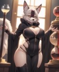 anonymous_director anthro big_breasts breasts camel_toe canid canine canis clothed clothing female genitals inner_ear_fluff inside mammal pussy robe skimpy smile smirk solo standing tuft wolf