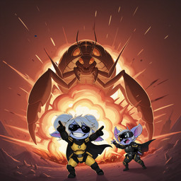 antennae_(anatomy) anthro armor cape clothing crossover duo explosion eyewear female feral footwear fur gesture gloves hair handwear macro open_mouth pixelated_sunglasses purple_body smile teeth white_hair k01 helldivers poppy_(lol) tristana_(lol) arthropod humanoid insect yordle hi_res