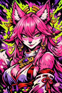 anthro armwear breasts cherry_blossom clothing detached_sleeves ear_piercing ear_ring eyelashes female fluff_tail fur hair lipstick long_hair makeup mature_female piercing pink_body pink_fur pink_hair plant ring_piercing smile smiling_at_viewer solo tail yellow_eyes genshin_impact yae_miko canid canine fox mammal hi_res