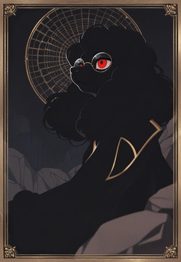 ambiguous_gender anthro black_body black_fur black_hair black_nose border clothed clothing curled_hair eyewear female floppy_ears fur glasses hair halo looking_at_viewer red_eyes rock round_glasses sitting solo kbi canid canine canis domestic_dog mammal poodle portrait