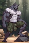 abs agreenfish anthro big_biceps big_muscles body_size_growth bottomwear bulge canid canine canis cargo_shorts claws clothed clothing detailed_background digitigrade fur genital_growth genital_outline grey_body grey_fur growth hi_res huge_biceps looking_at_viewer male mammal muscle_growth muscular muscular_male outdoors outside pecs penis_outline rock sequence shirt shorts size_transformation solo standing t-shirt tight_clothing topwear torn_clothing transformation wolf woods