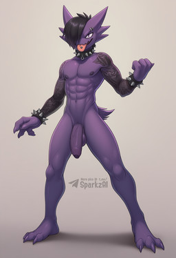 3_toes abs anthro armband athletic athletic_anthro athletic_male balls biped black_hair bracelet claws collar collar_only eyebrow_piercing facial_piercing feet fingers flaccid foreskin genitals hair humanoid_genitalia humanoid_penis jewelry looking_at_viewer male muscular muscular_anthro muscular_male nipples nude one_eye_obstructed open_mouth pecs penis piercing punk purple_body purple_eyes simple_background solo spiked_armband spiked_bracelet spiked_collar spikes standing tattoo telegram telegram_logo text toe_claws toes tongue tongue_out tongue_piercing vein veiny_penis sergalbutt nintendo pokemon hunter_(sergalbutt) generation_1_pokemon haunter pokemon_(species) director_name hi_res signature url