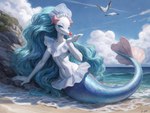 anthro arm_support beach cloud female fin frill_(anatomy) leaning leaning_back legless mermaid_tail rock rocky_shore sea seaside sky solo starfish_hair_accessory tail_fin water wave primairinalover asterozoan avian bird echinoderm generation_7_pokemon gull lari larid marine pokemon_(species) primarina starfish hi_res