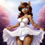 anthro blue_eyes bottomwear breasts brown_body brown_fur brown_hair cherry_tree clothed clothing clothing_lift cloud dakka day diaper dress equid equine female fruit_tree fur hair happy hi_res horse looking_at_viewer mammal outside plant pony presenting skirt skirt_lift sky smile solo solo_focus topwear tree wearing_diaper wedding_dress