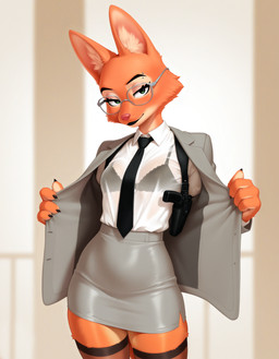 absolute_territory bedroom_eyes black_clothing black_necktie bottomwear bra breasts claws clothed clothing eyebrows eyelashes eyewear female fingers fur glasses glistening glistening_clothing gun handgun head_tilt holster holstered_pistol inner_ear_fluff jacket lace_bra legwear looking_at_viewer narrowed_eyes necktie open_clothing open_topwear orange_body orange_fur pencil_skirt pink_nose pistol presenting ranged_weapon seductive shirt skirt slightly_chubby smile solo stockings suit thigh_highs tight_clothing topwear translucent translucent_clothing translucent_topwear tuft underwear undressing weapon wet wet_clothing white_clothing hank94_(director) the_bad_guys diane_foxington canid canine fox mammal hi_res portrait