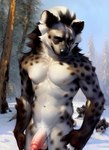 anthro balls brown_body brown_fur foreskin fur genitals hyaenid male mammal outside penis snow snow_hyena solo spots tesseract_(director) white_body white_fur winter winter_coat