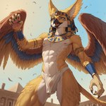 abs animal_ears anthro athletic athletic_anthro athletic_male claws clothed clothing egyptian egyptian_clothing feathered_wings feathers fur male multicolored_body multicolored_fur open_mouth pocox3pro pose solo standing two_tone_body two_tone_fur underwear wings yellow_body avian hybrid absurd_res hi_res