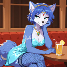 accessory anthro beverage big_breasts blue_body blue_eyes blue_fur blue_hair breasts cheek_tuft circlet cleavage clothed clothing container crossed_legs cup dress drinking_glass drinking_straw eyebrows facial_tuft female fishnet_thigh_highs fur furgonomic furniture gem glass glass_container glass_cup hair hair_accessory hairband half-closed_eyes head_on_hand inside jewelry leaning leaning_backward legwear looking_aside markings narrowed_eyes necklace raised_eyebrows short_hair sitting smile solo strapless_clothing strapless_dress table tail tail_accessory tailband thigh_highs tribal tribal_markings tuft white_body white_fur k-9ine nintendo star_fox krystal_(star_fox) canid canine fox mammal 2026
