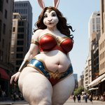 anthro belly big_butt butt city city_background female fur rabbit_ears solo thick_thighs white_body white_fur girlswithsnouts wonder_woman lagomorph leporid mammal rabbit hi_res