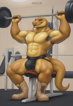 abs anthro armpit_hair balls barazoku barely_visible_genitalia bench biceps big_bulge big_muscles biped bodily_fluids body_hair boots bulge clothed clothing countershading exercise fangs footwear forked_tongue genitals gym holding_object inside jockstrap looking_at_viewer male muscular muscular_anthro muscular_male musk musk_clouds musky_armpit narrowed_eyes navel pecs scales shoes sitting smile solo sweat sweatdrop tail teeth text thick_thighs tongue tongue_out topless topless_anthro topless_male underwear weightlifting weights workout yellow_body yellow_eyes sergalbutt reptile scalie snake alternate_version_at_source hi_res signature url