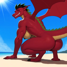 all_fours anthro areola beach bedroom_eyes big_breasts big_butt black_hair black_nipples breasts butt claws cloud countershading crossgender crouching day detailed_background digitigrade feet female grin hair light looking_at_viewer looking_back membrane_(anatomy) membranous_wings mtf_crossgender multicolored_body muscular muscular_anthro muscular_female mythology narrowed_eyes nipples non-mammal_breasts non-mammal_nipples nude nude_beach outdoor_nudity outside red_body red_scales sand scales sea seaside seductive shadow sharp_teeth side_boob sky smile solo sun sunlight tail teeth toe_claws water waterdrop wet wet_body wings yellow_body yellow_scales unknown_director jake_long dragon mythological_creature mythological_scalie scalie western_dragon hi_res