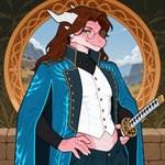 abs anthro blue_clothing brown_hair cloak clothing eyewear glasses green_eyes hair hands_on_hips horn katana lidded_eyes long_hair male melee_weapon muscular mythology pink_body pink_scales round_glasses scales smile solo standing sword weapon white_horn zackfox kalur_chauraussir_(zackfox) vergil_(devil_may_cry) dragon mythological_creature mythological_scalie scalie hi_res