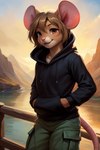 anthro black_clothing black_hoodie black_topwear bottomwear brown_eyes cargo_pants clothing dark_blonde_hair female fur hands_in_both_pockets hoodie pants smile solo tan_body tan_fur topwear mindry malden_(mindry) mammal mouse murid murine rodent