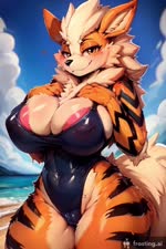 anthro beach big_breasts breasts camel_toe female fluffy fluffy_tail frosting.ai fur glistening glistening_body glistening_breasts looking_at_viewer neck_tuft sea seaside sky smile solo striped_body striped_fur stripes sunny tail tuft water mr_diddlez nintendo pokemon arcanine generation_1_pokemon pokemon_(species) animated hi_res webm