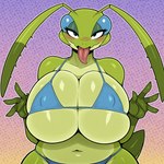 antennae_(anatomy) anthro big_breasts bikini blush breast_squish breasts clothing female green_body huge_breasts looking_at_viewer nipple_outline solo squish swimwear tongue tongue_out luuklook arthropod insect mantis absurd_res hi_res