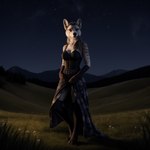 anthro clothing corset detailed_background dress female gloves_(marking) grass hair inner_ear_fluff leg_markings lingerie markings meadow night outside photorealism plant shadow sky socks_(marking) solo solo_focus stable_diffusion star starry_sky topwear tuft gopossum canid mammal detailed