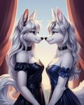 anthro auykac blue_eyes breasts canid cleavage clothed clothing collar dress duo eye_contact female female/female fur green_eyes hair hi_res looking_at_another love mammal narrowed_eyes smile smiling_at_partner white_body white_fur white_hair