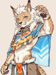 anthro black_nose blue_eyes clothing fur hair looking_at_viewer male saren_(nekomatasaren) solo tribal white_body white_fur nekomatasaren felid feline hybrid lynx mammal hi_res