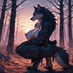 anthro big_breasts breasts crouching female fur hair looking_at_viewer nipples nude seductive smile solo white_body white_fur zoc canid canine canis mammal wolf