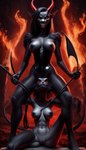 anthro breasts clothing corset demon dominant dominant_female duo evil_grin female fire genitals horn lingerie lurktime_(director) pussy smile topwear