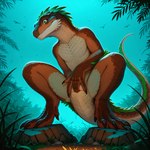 5_fingers anthro bodily_fluids crouching fingering fingering_self fingers green_eyes male masturbation night outside plant slit_fingering solo solo_focus tail unknown_director ambient_bird avian bird dinosaur reptile scalie absurd_res hi_res
