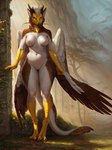 anthro antlers avian avian_feet beak blurred_background breasts brown_body brown_feathers brown_fur cheek_tuft chilon249 claws day dragon eastern_dragon eva_(ozawk) facial_tuft feathered_wings feathers female fur genitals grass hair horn hybrid inner_ear_fluff leaf light long_tail navel nipples outside plant pussy ruins solo standing sunlight tree tuft white_body white_feathers white_fur white_hair wings yellow_eyes