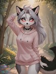 anthro clothing collar female fur gray_hair grey_body grey_fur hoodie light looking_at_viewer outside panties park plant red_sclera smile solo sunlight teeth topwear tree underwear white_body white_clothing white_eyes white_panties white_underwear director_myrlonel loona_(helluva_boss) canid canine canis mammal wolf hi_res