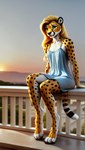 anthro black_spots blonde_hair blue_clothing blue_dress cheetah clear_sky clothed clothing colored countershading digitigrade dress felid feline female fur green_eyes hair hi_res long_hair looking_at_viewer mammal morning nightwear oldhroft railing shy sitting solo spots spotted_body spotted_fur white_body white_countershading yellow_body yellow_fur