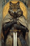 ambiguous_gender anthro armor black_nose cloak clothing detailed_background gauntlets gloves handwear melee_weapon ornate_clothing robe solo solo_focus sword weapon yellow_eyes bahufaru canid canine canis mammal wolf hi_res portrait