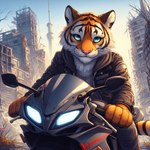 anthro apocalypse backpack black_stripes blue_eyes city city_background city_destruction city_skyline cityscape clothing debris destruction fallout felid fur jacket male mammal markings motorcycle nikkolaus nuclear_apocalypse orange_body orange_fur pantherine post-apocalyptic solo striped_body striped_fur striped_markings striped_tail stripes tail_markings tiger topwear vehicle