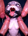 anthro big_penis bodily_fluids breasts cum cum_on_chest cum_on_face ears_down female foreskin gag genital_fluids genitals glistening glistening_body glistening_genitalia glistening_penis group humanoid_genitalia humanoid_penis male male/female muzzle_gag nipples open_mouth penis pivoted_ears pubes realistic_lighting retracted_foreskin small_breasts surrounded_by_penis tongue tongue_out vein veiny_penis zootopia corgiboom judy_hopps lagomorph leporid mammal rabbit hi_res