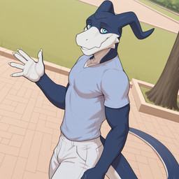 anthro blue_body blue_eyes bottomwear clothing grass looking_at_viewer male multicolored_body pants plant shirt smile solo tail topwear tree two_tone_body white_body furkamidood_(director) digimon roommates_(spelunker_sal) giancarlo_rosato digimon_(species) flamedramon hi_res