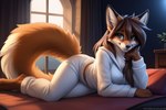 anthro bed bedding blanket blue_eyes brown_hair canid canine clothing cozy detailed detailed_face detailed_fur female flat_breasts fluffy fluffy_tail fox fur furniture hair inside long_hair looking_at_viewer lying lying_on_bed mammal night on_bed orange_body orange_fur pajamas side_view smile smiling_at_viewer solo winter yiff_ai