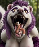 absurd_res anthro big_tail blurred_background bodily_fluids canid canine dripping duo fangs female female/female fox fur hair hi_res lips looking_at_viewer mammal mephitid micro mouth_shot open_mouth orange_body orange_eyes orange_fur paws purple_body purple_fur purple_hair saliva saliva_drip saliva_string skunk stablexaivore teeth tongue tongue_out vore white_body white_fur