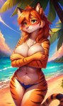 anthro bikini bikini_bottom blush breasts chest_tuft clothed clothing cosmicelement covering covering_breasts felid female green_eyes hair hi_res jenny_the_tiger looking_at_viewer mammal orange_hair outside pantherine solo swimwear tiger topless tuft