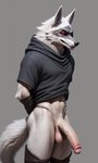 anthro arm_wraps athletic athletic_anthro balls big_penis black_nose canid canine canis cheek_tuft chilon249 clothing death_(puss_in_boots) facial_tuft fluffy fluffy_tail fur genitals glans grey_background grey_clothing hands_behind_back hi_res humanoid_genitalia humanoid_penis leg_wraps male mammal navel nude penis portrait red_eyes simple_background solo standing three-quarter_portrait three-quarter_view tuft white_body white_fur wolf wraps